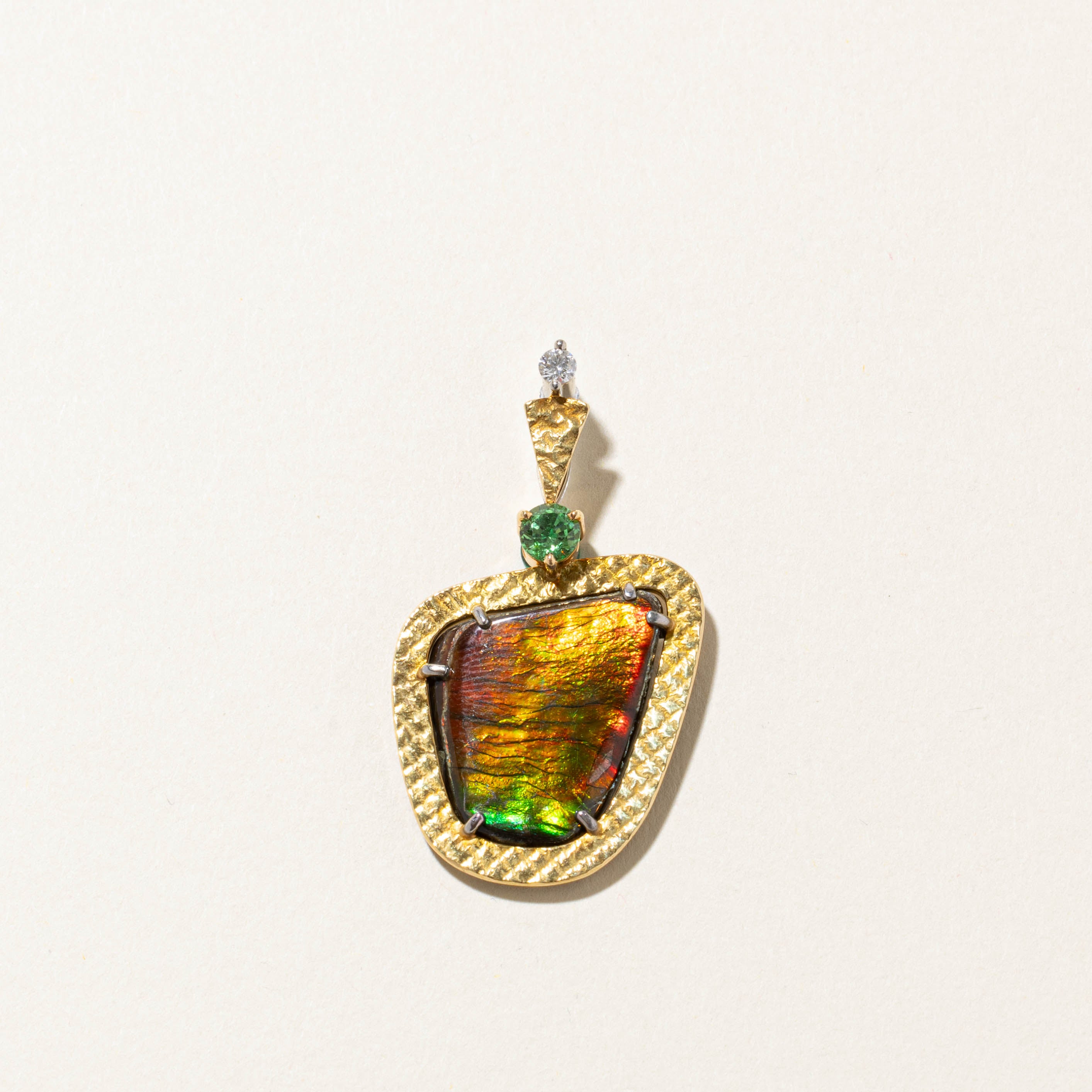 18k Ammolite, Tsavorite Garnet & Diamond Hammered Abstract Pendant | 12.80ctw, 0.40ctw