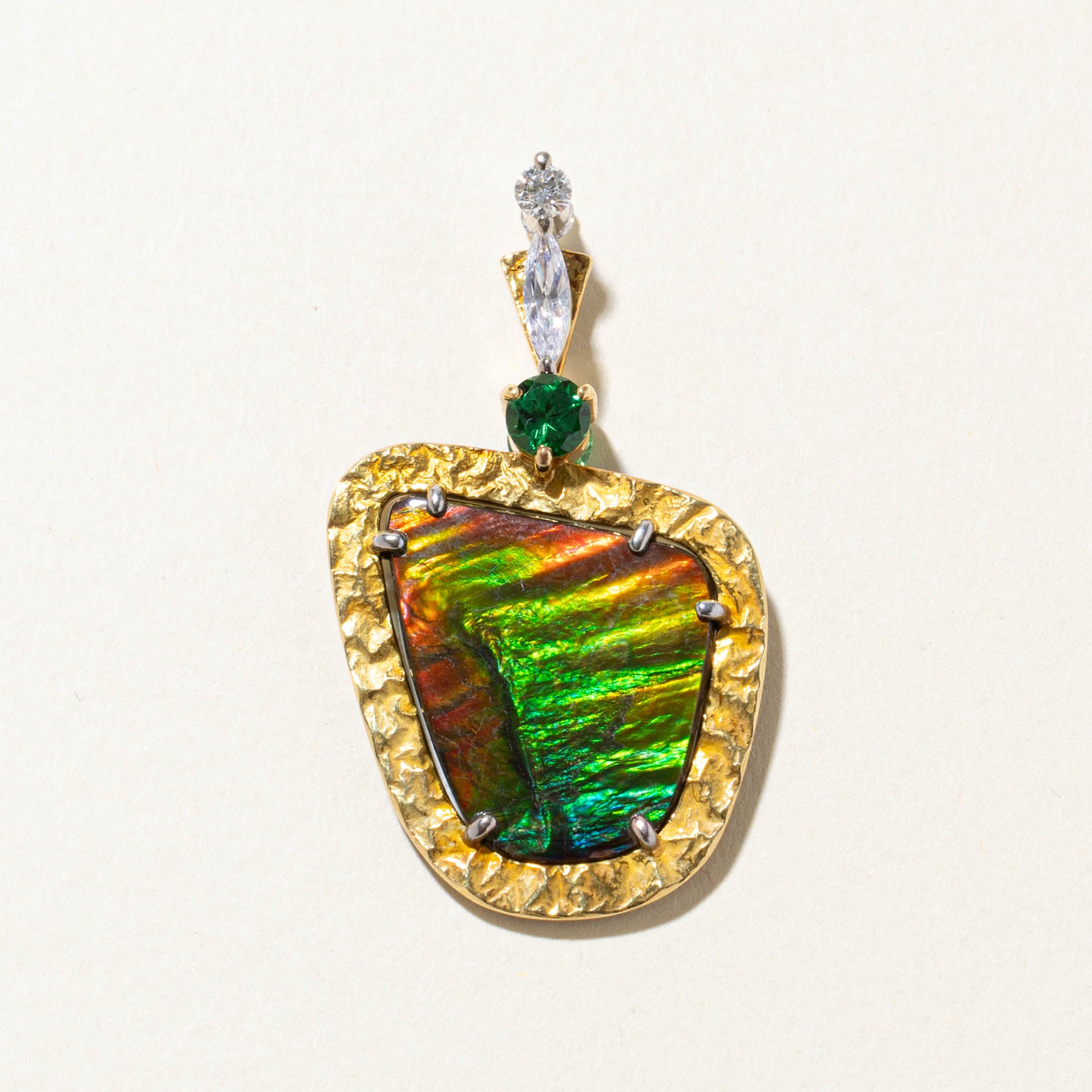 18k Ammolite, Tsavorite Garnet & Diamond Hammered Abstract Pendant | 12.80ctw, 0.40ctw