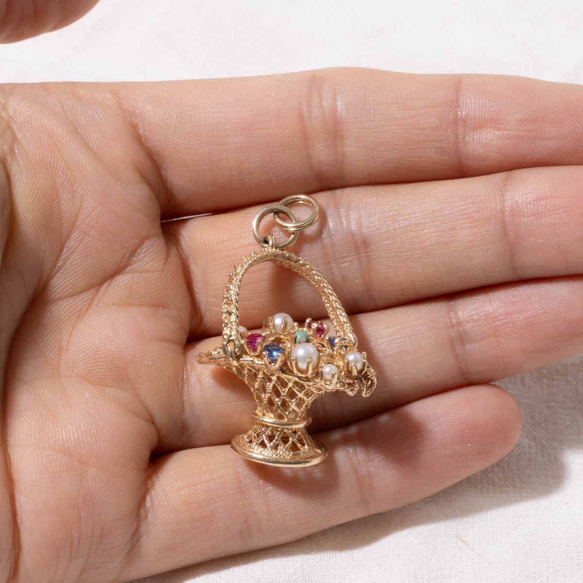 14k Seed Pearls & Synthetic Gemstone Flower Basket Charm | 1.26ctw
