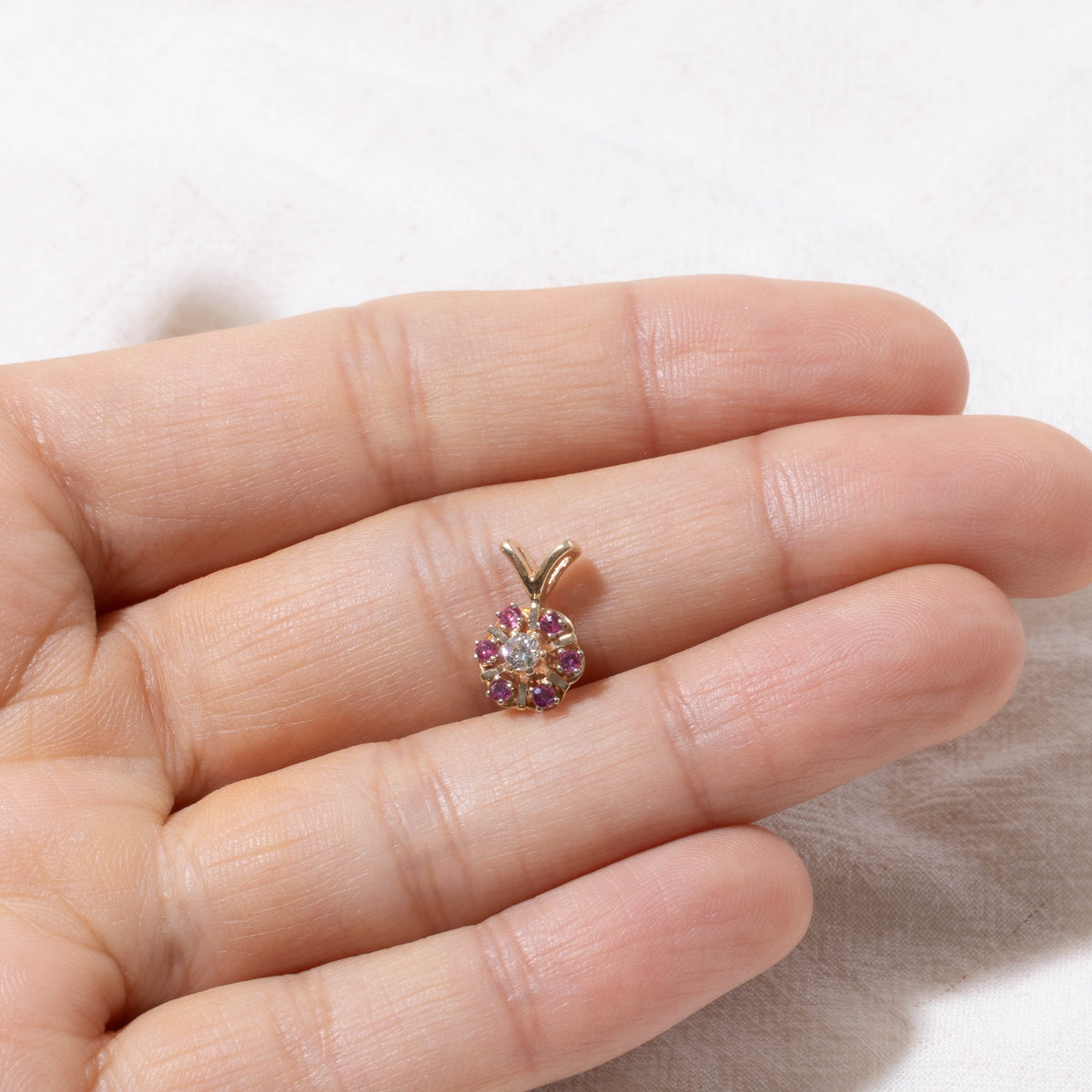 10k Ruby & Diamond Floral Cluster Pendant | 0.16ct, 0.04ct