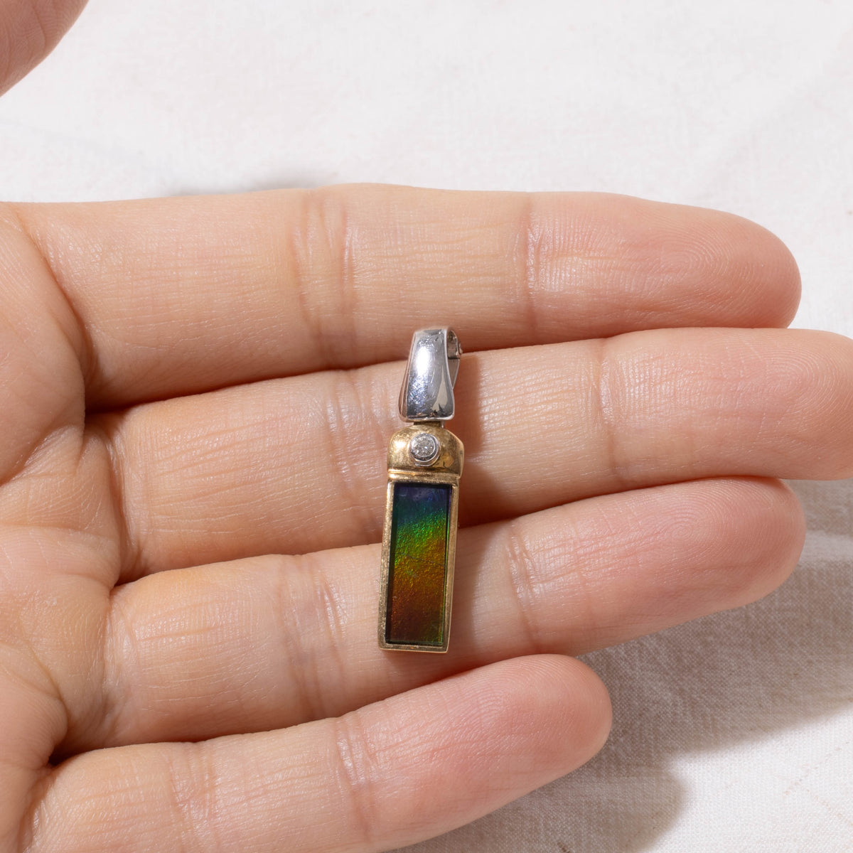 18k Two Tone Bezel Set Ammolite & Diamond Bar Pendant | 1.60ct, 0.03ct