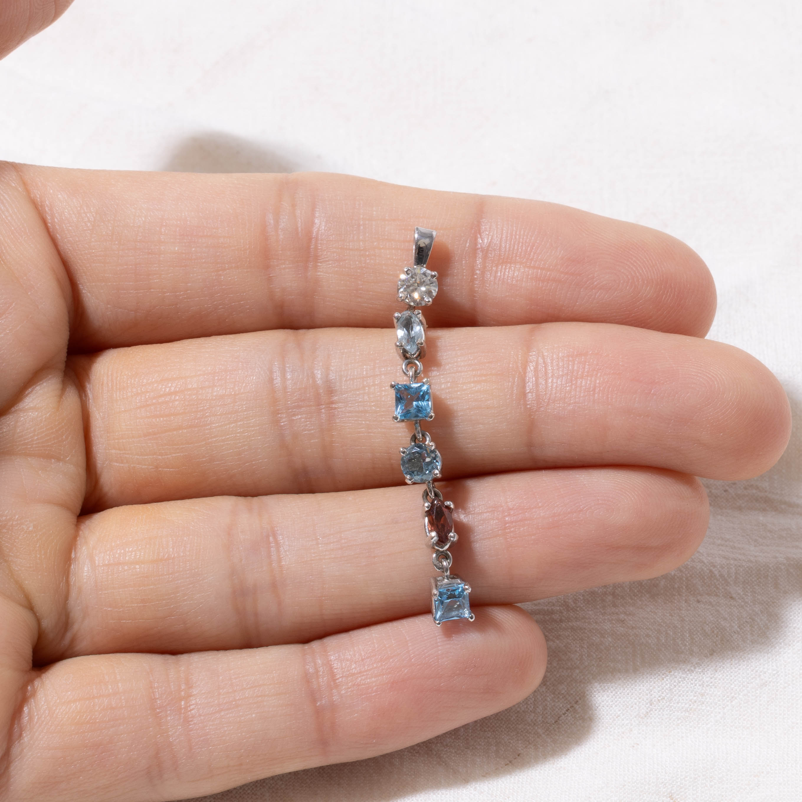 14k Diamond, Aquamarine, Blue Topaz & Garnet Drop Pendant | 0.23ct, 0.92ctw