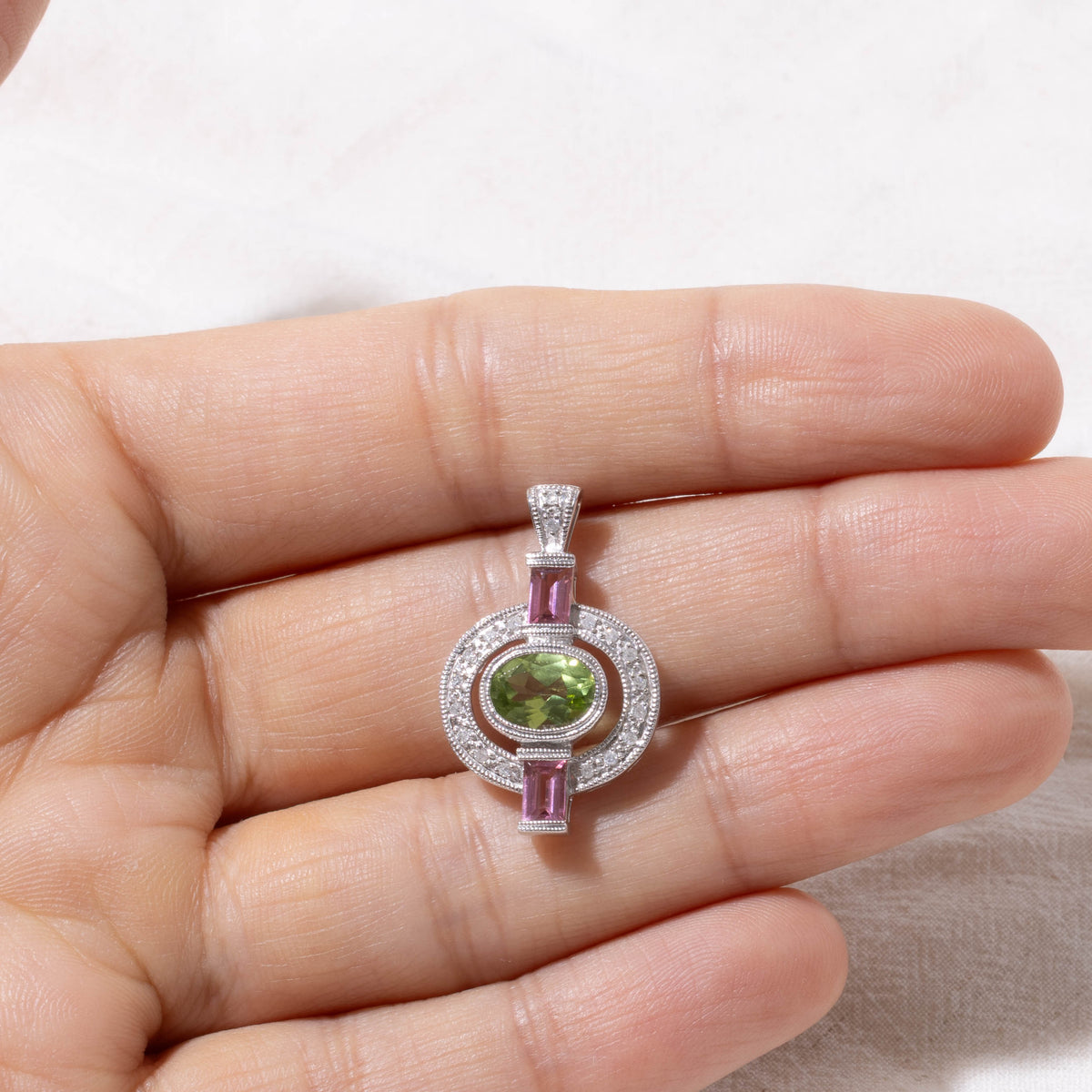 14k East West Peridot, Pink Tourmaline & Diamond Open Halo Pendant | 2.00ctw, 0.10ctw