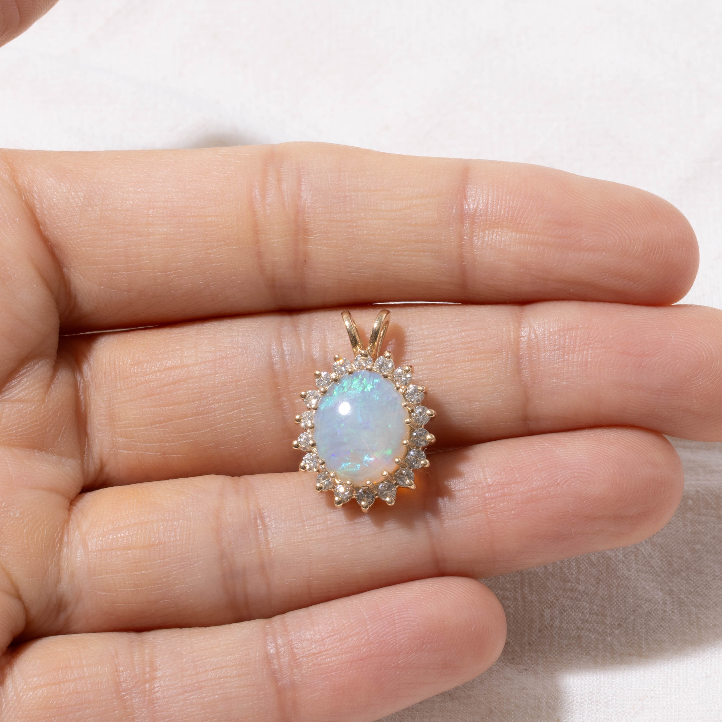 14k Oval Cabochon Opal & Diamond Petal Halo Pendant | 2.00ct, 0.54ctw