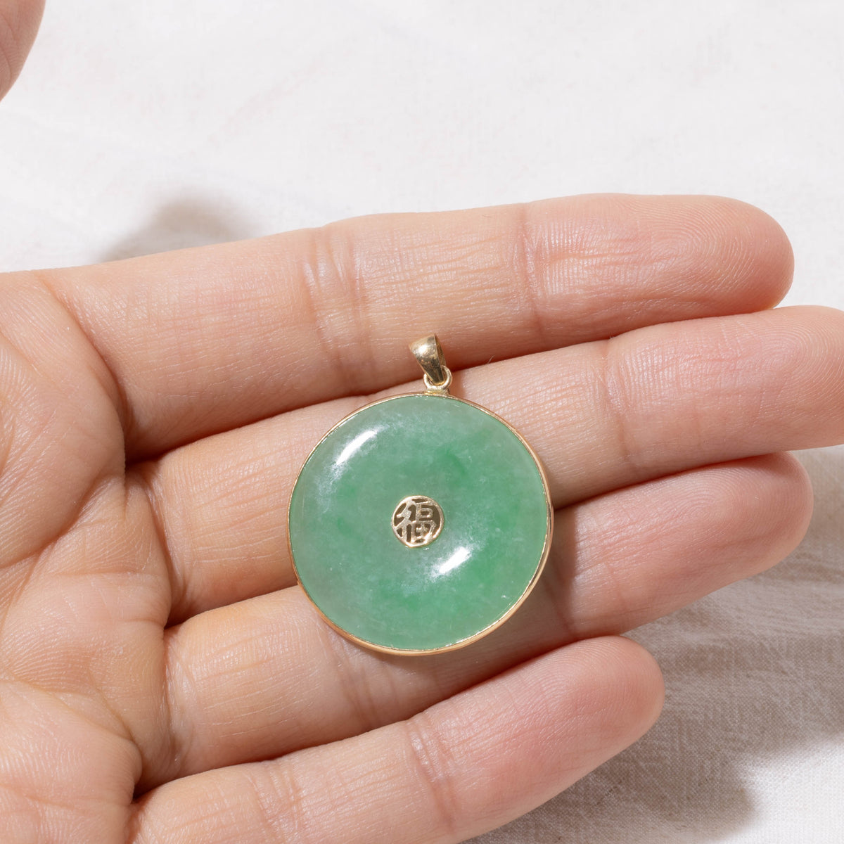 14k Bezel Set Jadeite Donut Fu (Luck) Pendant | 19.20ct