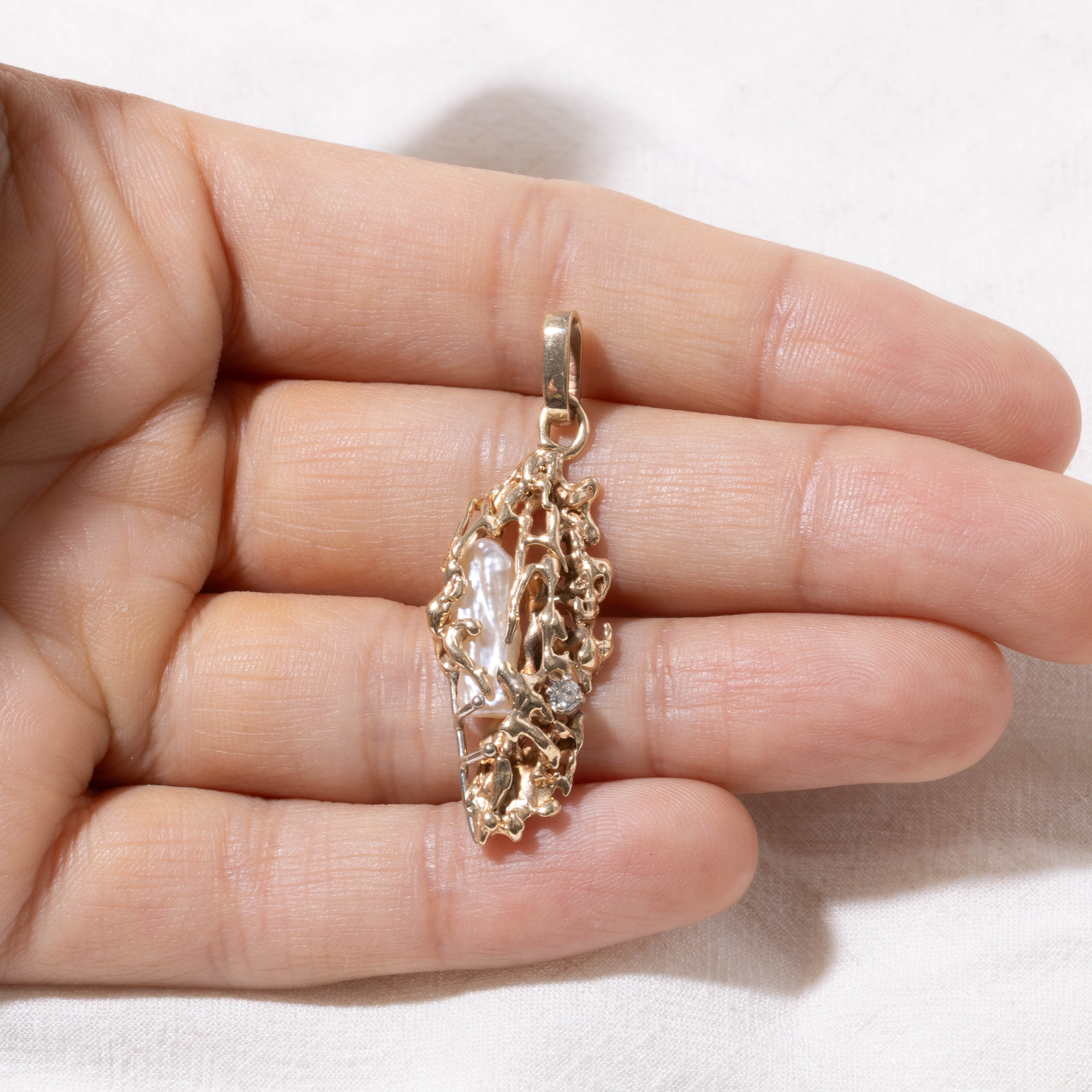 12k Diamond & Baroque Pearl Openwork Abstract Pendant | 0.05ctw
