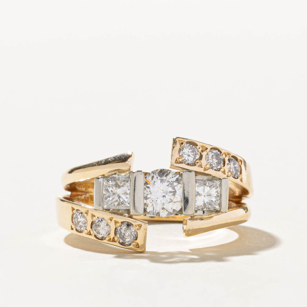 12k Three Stone Diamond Geometric Bypass Ring | 1.27ctw | SZ 5.75