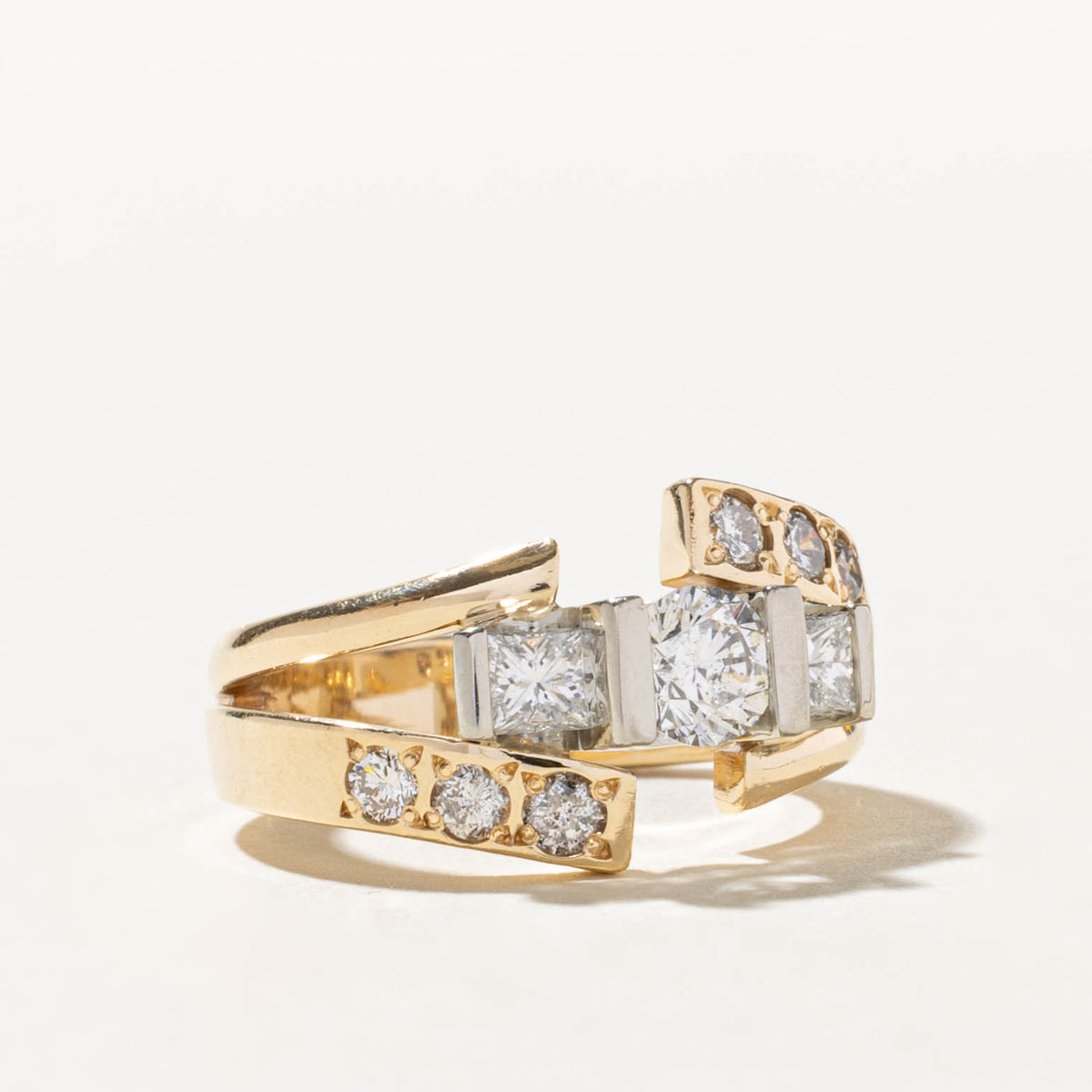 12k Three Stone Diamond Geometric Bypass Ring | 1.27ctw | SZ 5.75