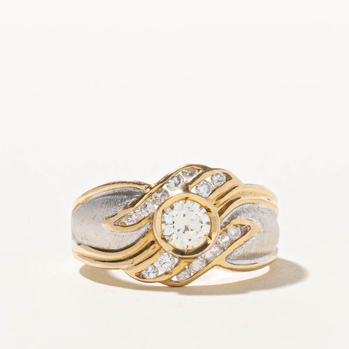 18k Two Tone Bezel Set Diamond Matte Wave Cocktail Ring | 0.52ctw | SZ 7