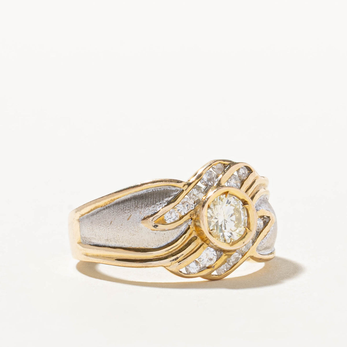 18k Two Tone Bezel Set Diamond Matte Wave Cocktail Ring | 0.52ctw | SZ 7