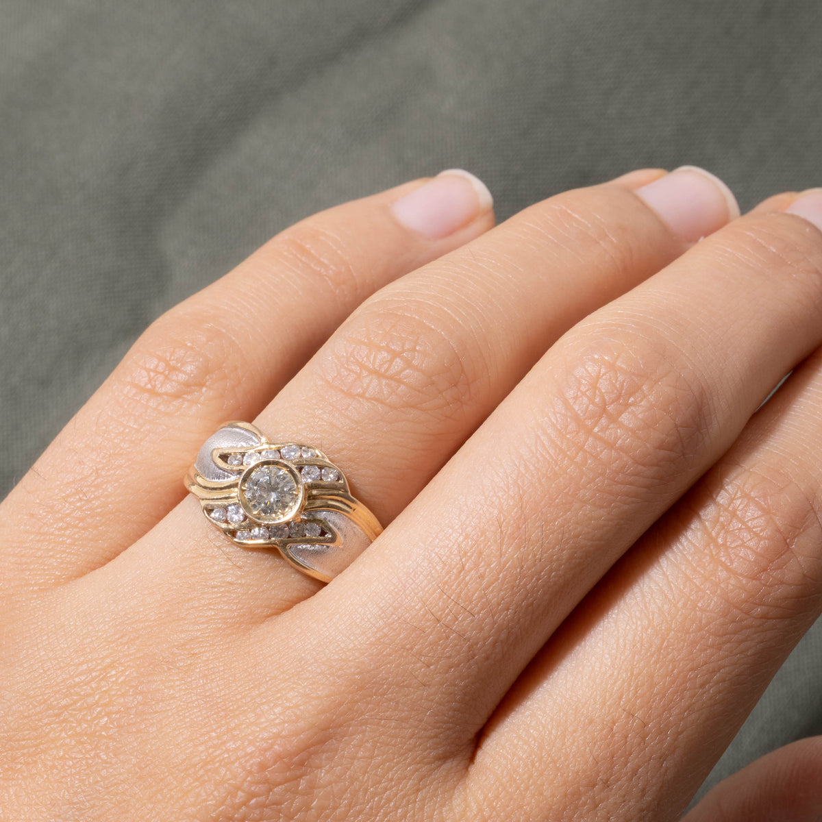 18k Two Tone Bezel Set Diamond Matte Wave Cocktail Ring | 0.52ctw | SZ 7