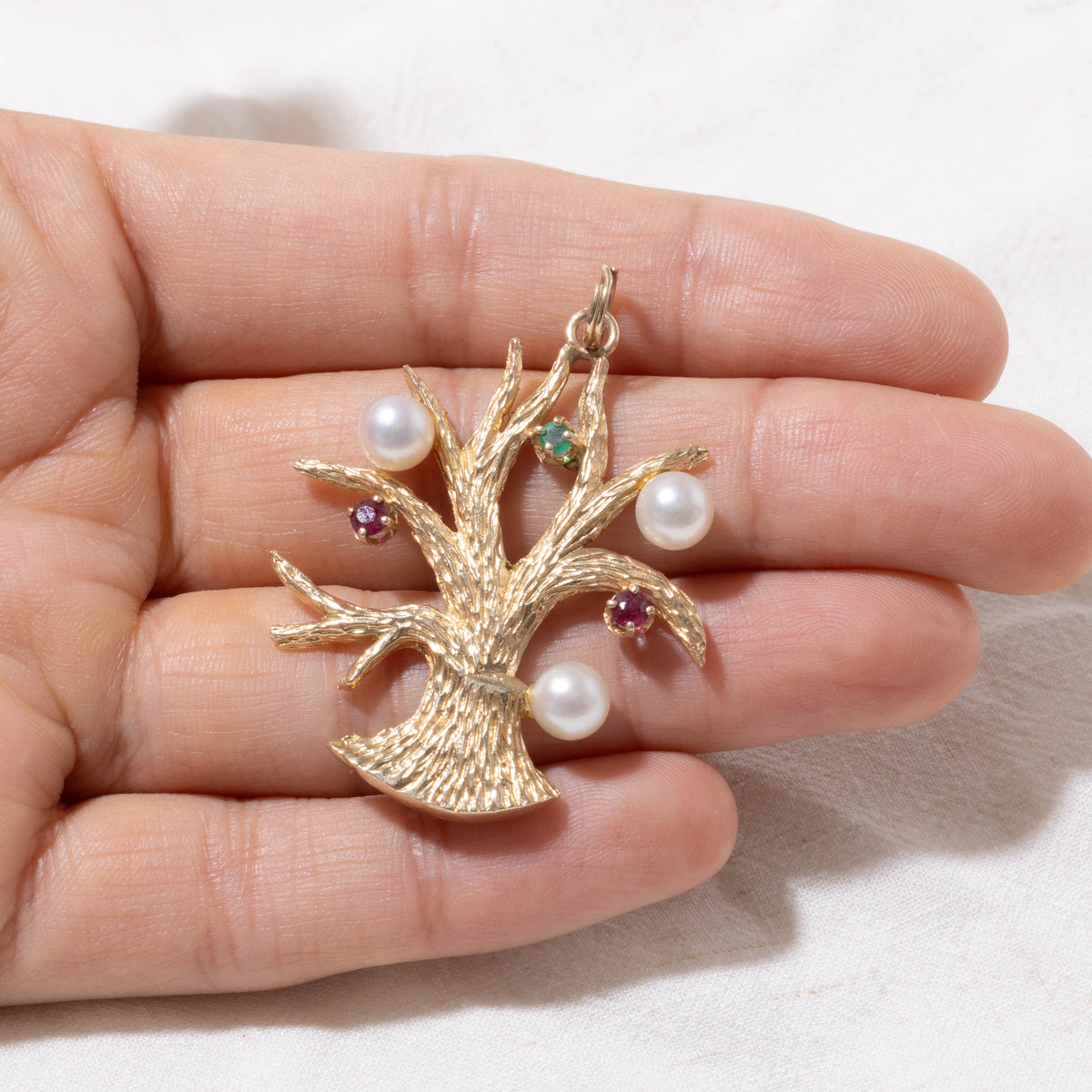 14k Ruby, Onyx & Cultured Pearl Textured Tree Charm | 0.33ctw