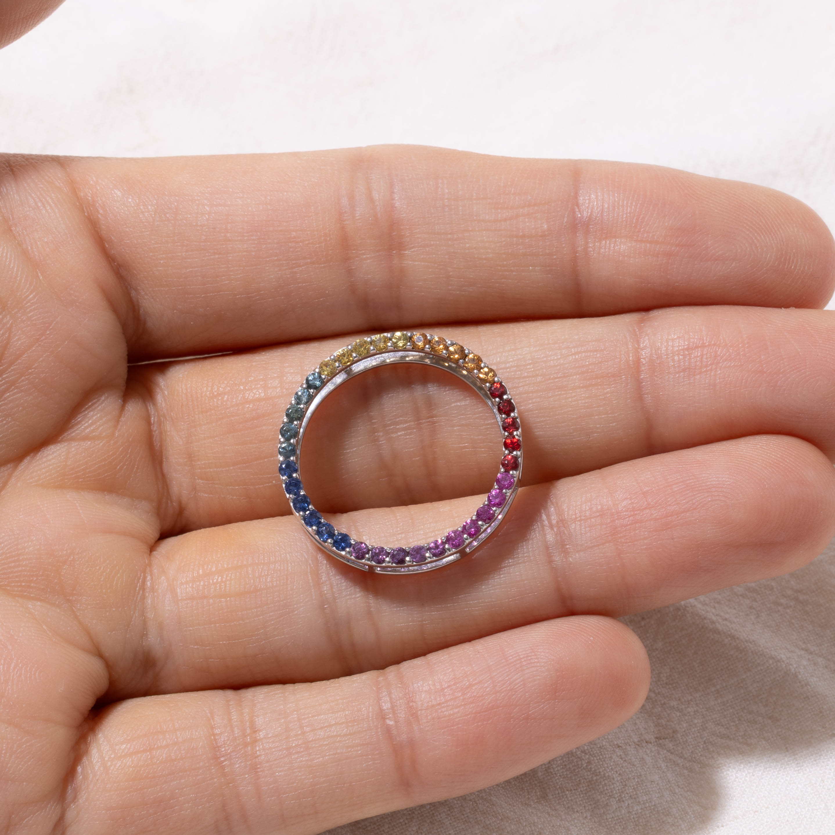 14k Eternity Rainbow Sapphire Circle Pendant | 0.90ct