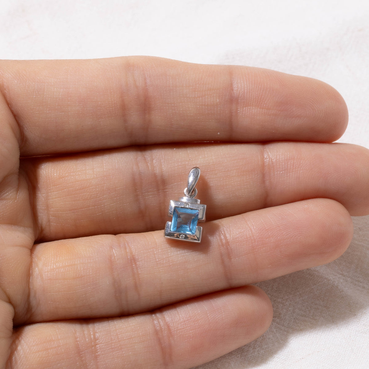 10k Square Cut Blue Topaz & Diamond Accented Pendant | 0.60ct, 0.01ct