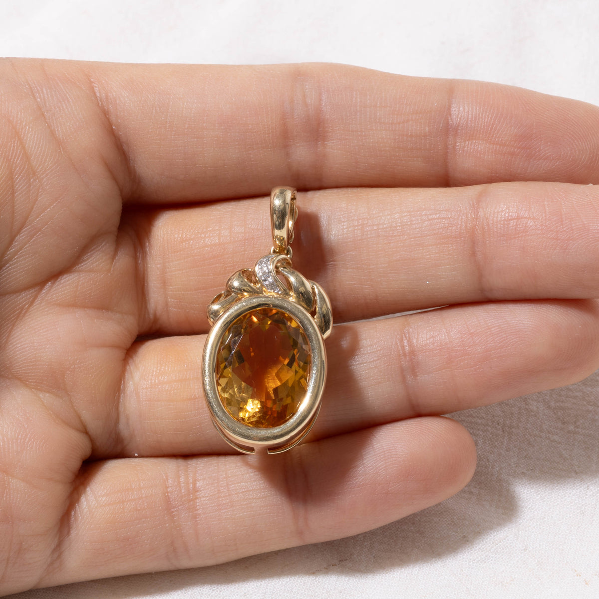 14k Bezel Set Citrine & Diamond Accented Pendant | 13.50ct, 0.02ctw