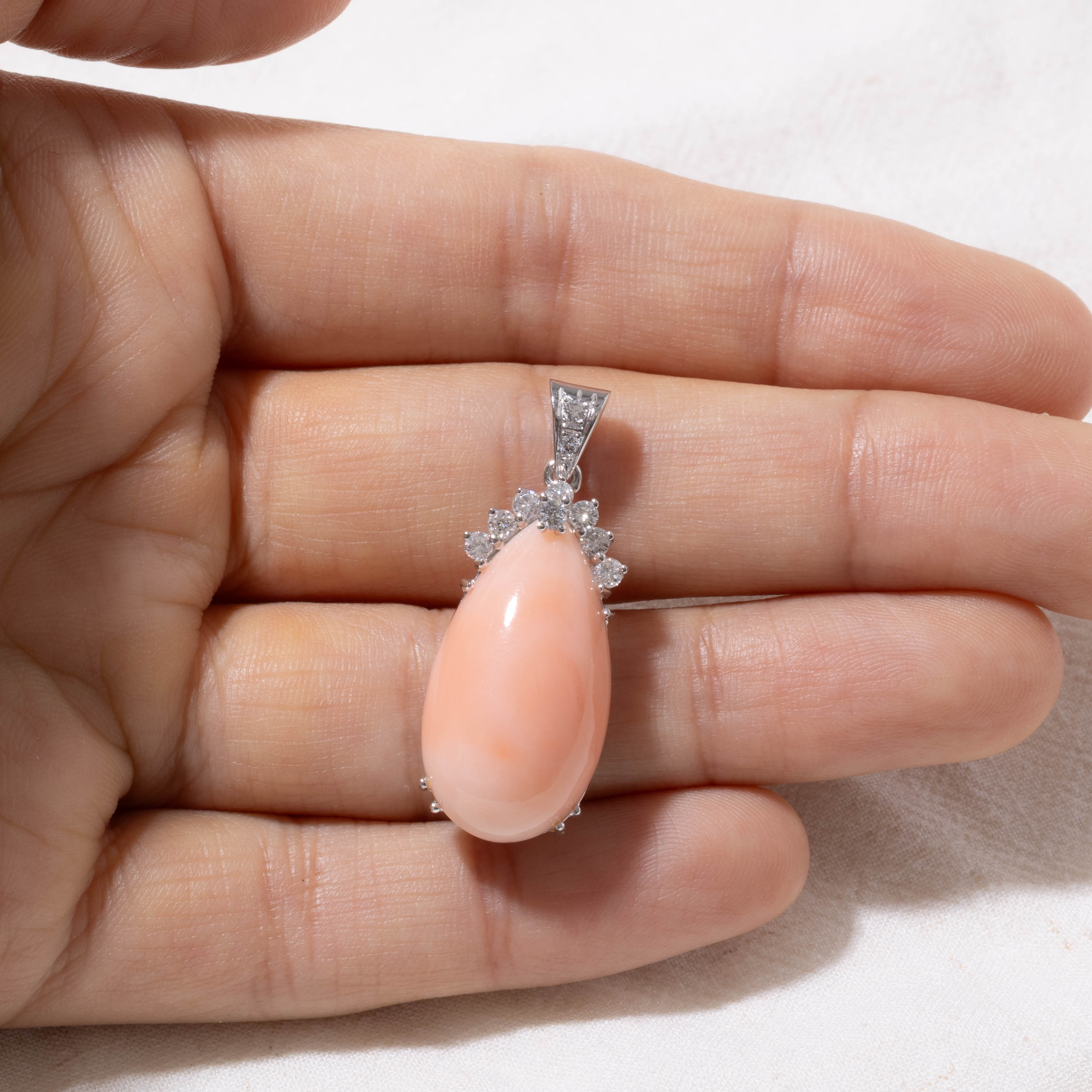 14k Pear Coral & Diamond Accented Pendant | 9.00ct, 0.25ctw