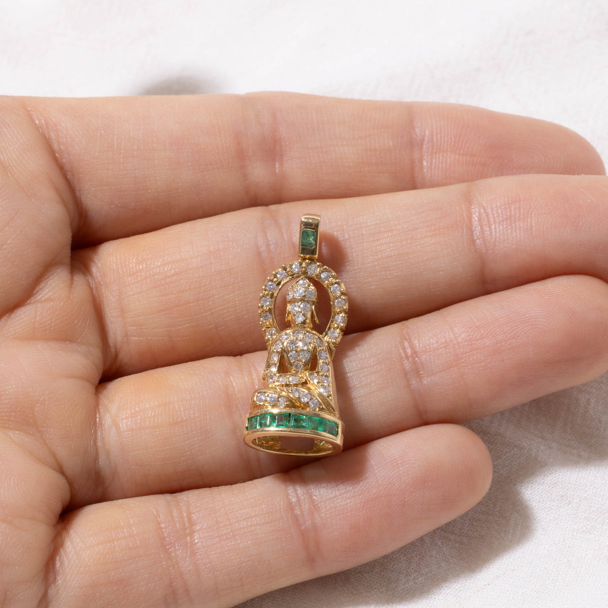18k Emerald & Diamond Halo Buddha Pendant | 0.24ct, 0.24ctw