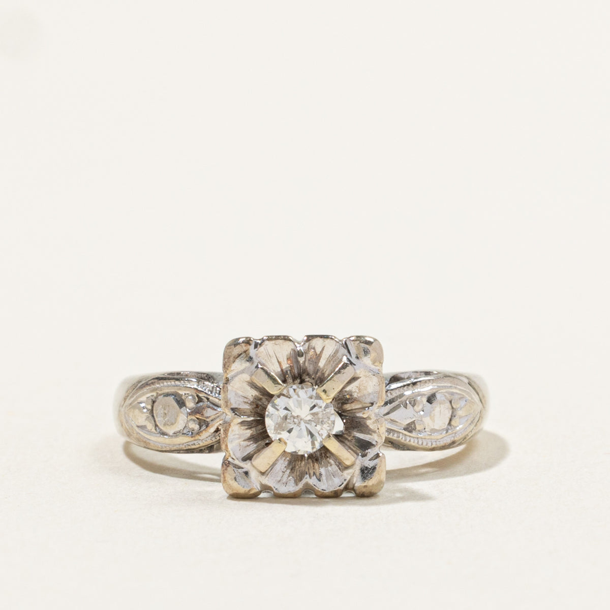 10k Solitaire Diamond Engraved Floral Ring | 0.08ct | SZ 5