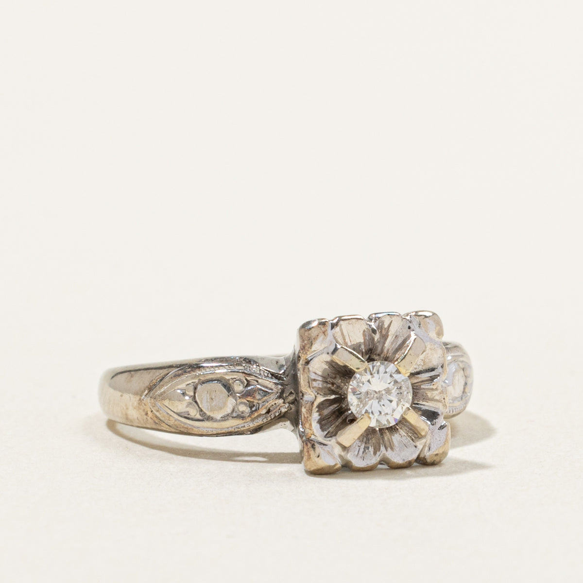 10k Solitaire Diamond Engraved Floral Ring | 0.08ct | SZ 5