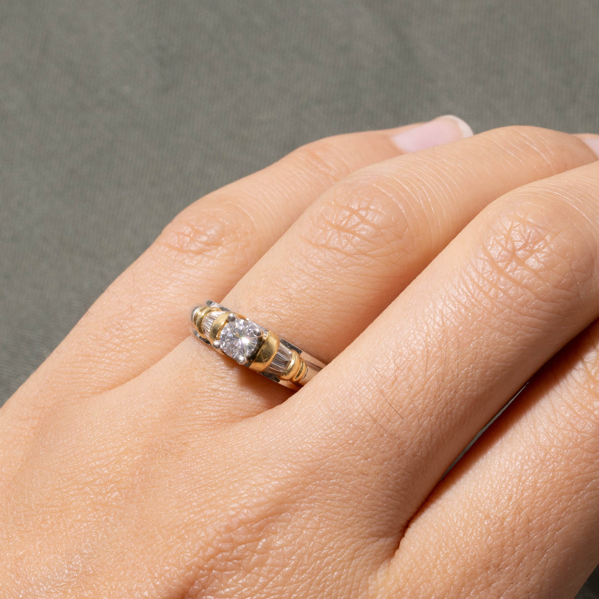 14k Two Tone Diamond Channel Set Accented Grooved Ring | 0.32 SI2 G, 0.12ctw | SZ 7