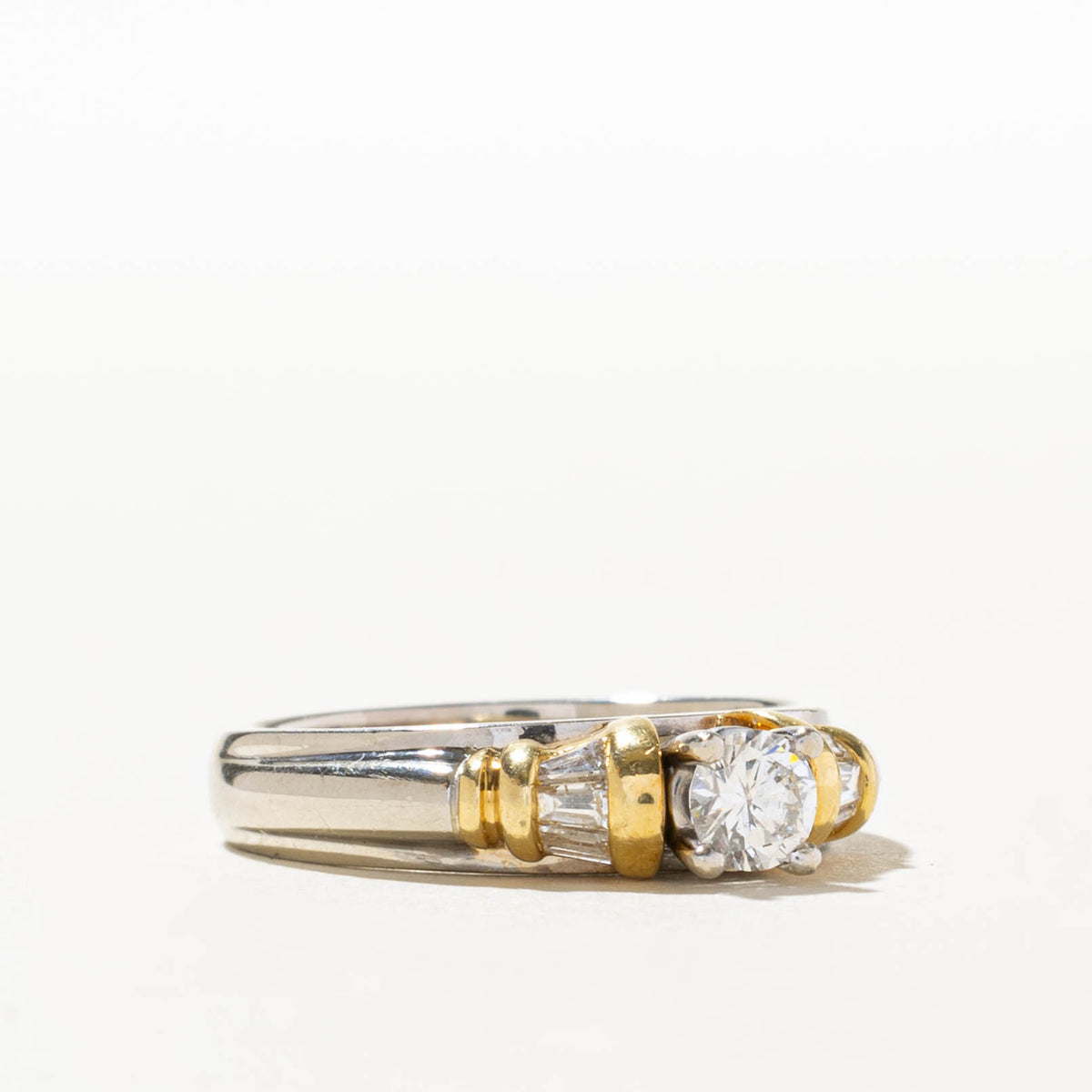 14k Two Tone Diamond Channel Set Accented Grooved Ring | 0.32 SI2 G, 0.12ctw | SZ 7