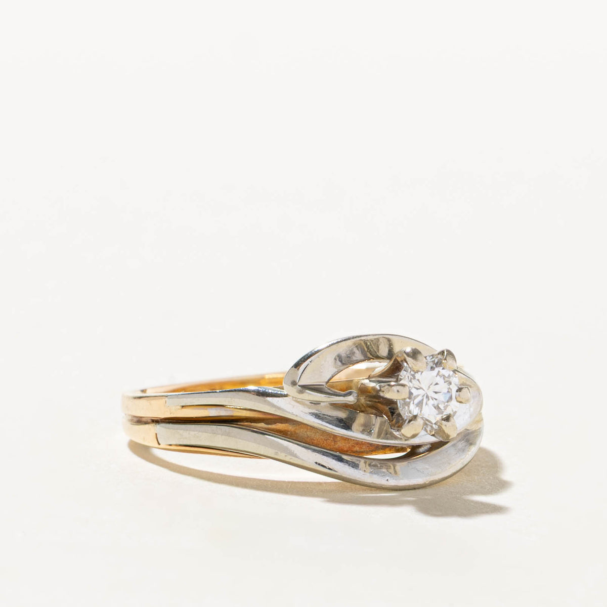 14k Two Tone Solitaire Diamond Bypass Soldered Wedding Ring Set | 0.23ct | SZ 5.25
