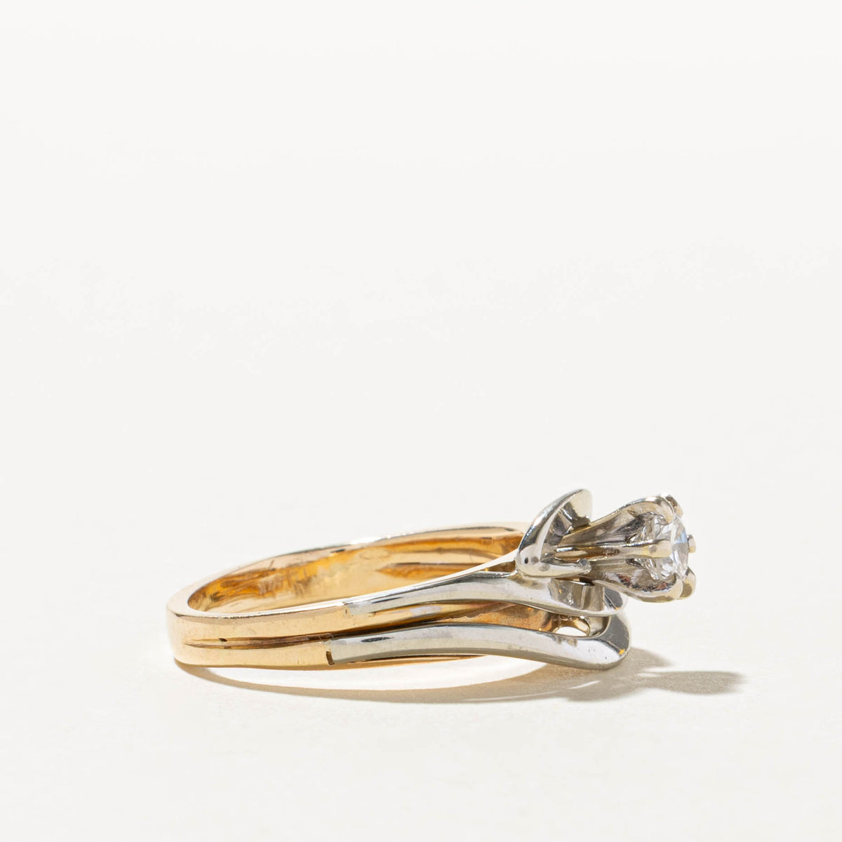 14k Two Tone Solitaire Diamond Bypass Soldered Wedding Ring Set | 0.23ct | SZ 5.25