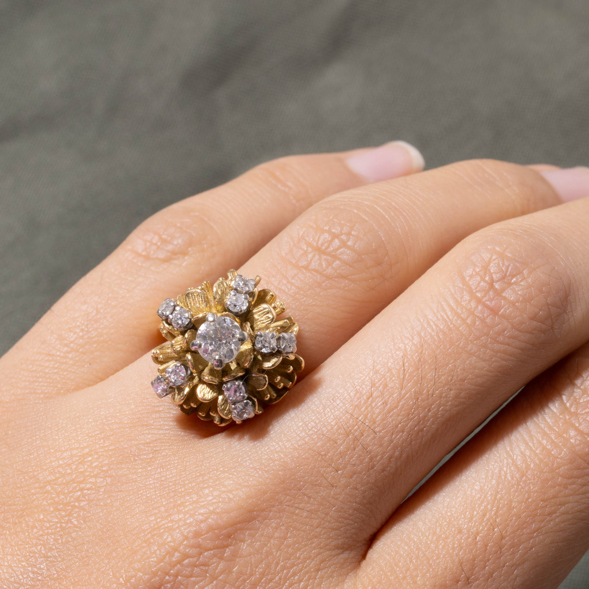 18k Old European Cut Diamond Textured Floral Cocktail Ring | 0.62ct I2 I/J, 0.40ctw | SZ 7.5