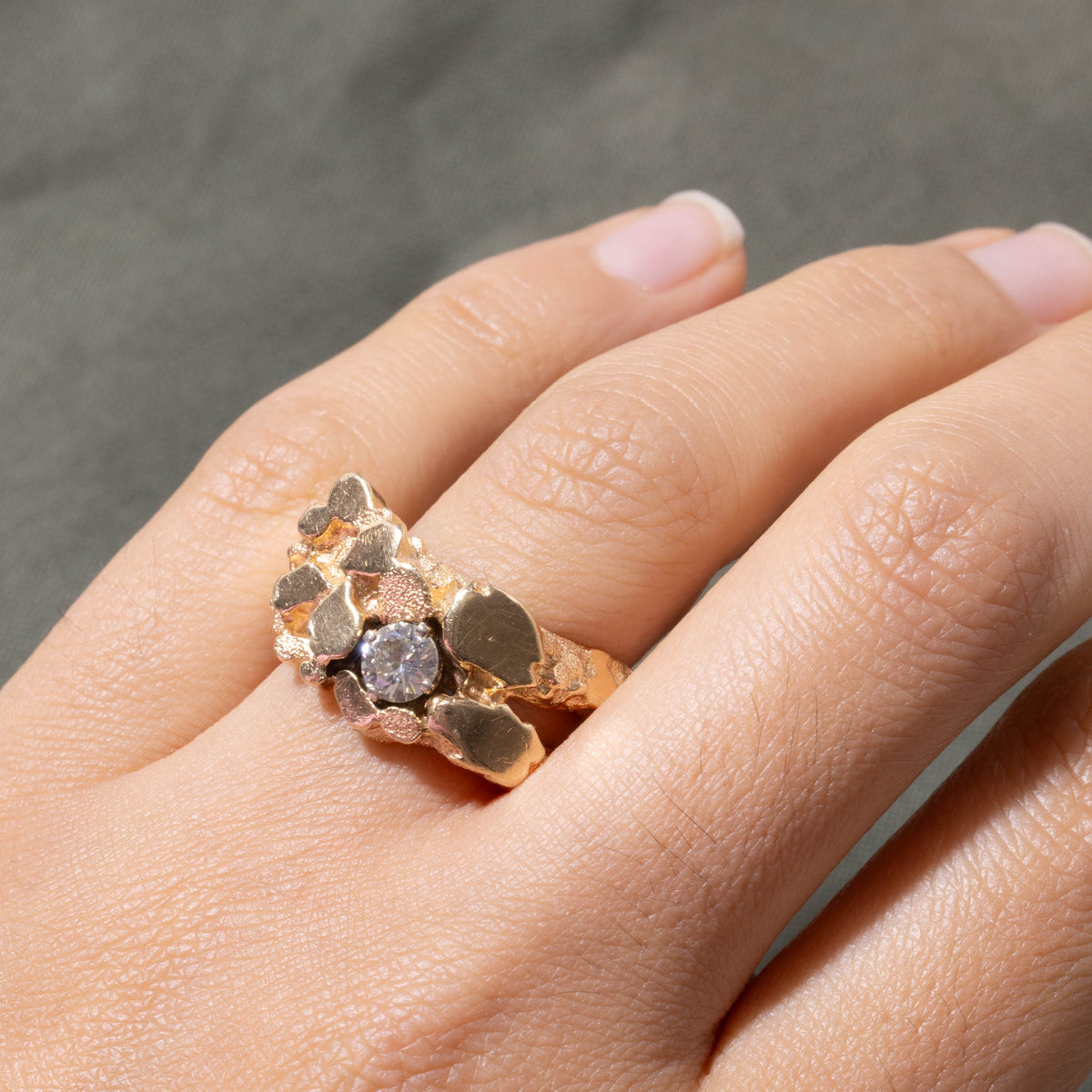 14k Solitaire Diamond Nuggety Textured Ring | 0.45ct SI1 J/K | SZ 9.75