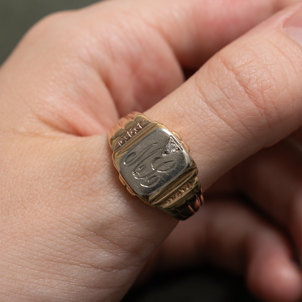 10k Two Tone Diamond Engraved "ML" Initial Signet Ring | SZ 10