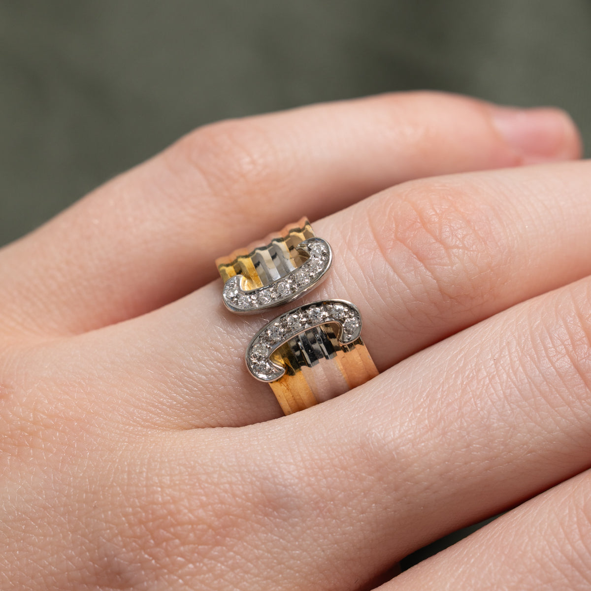 Italian Tri Tone Diamond Double C Grooved Ring | SZ 7