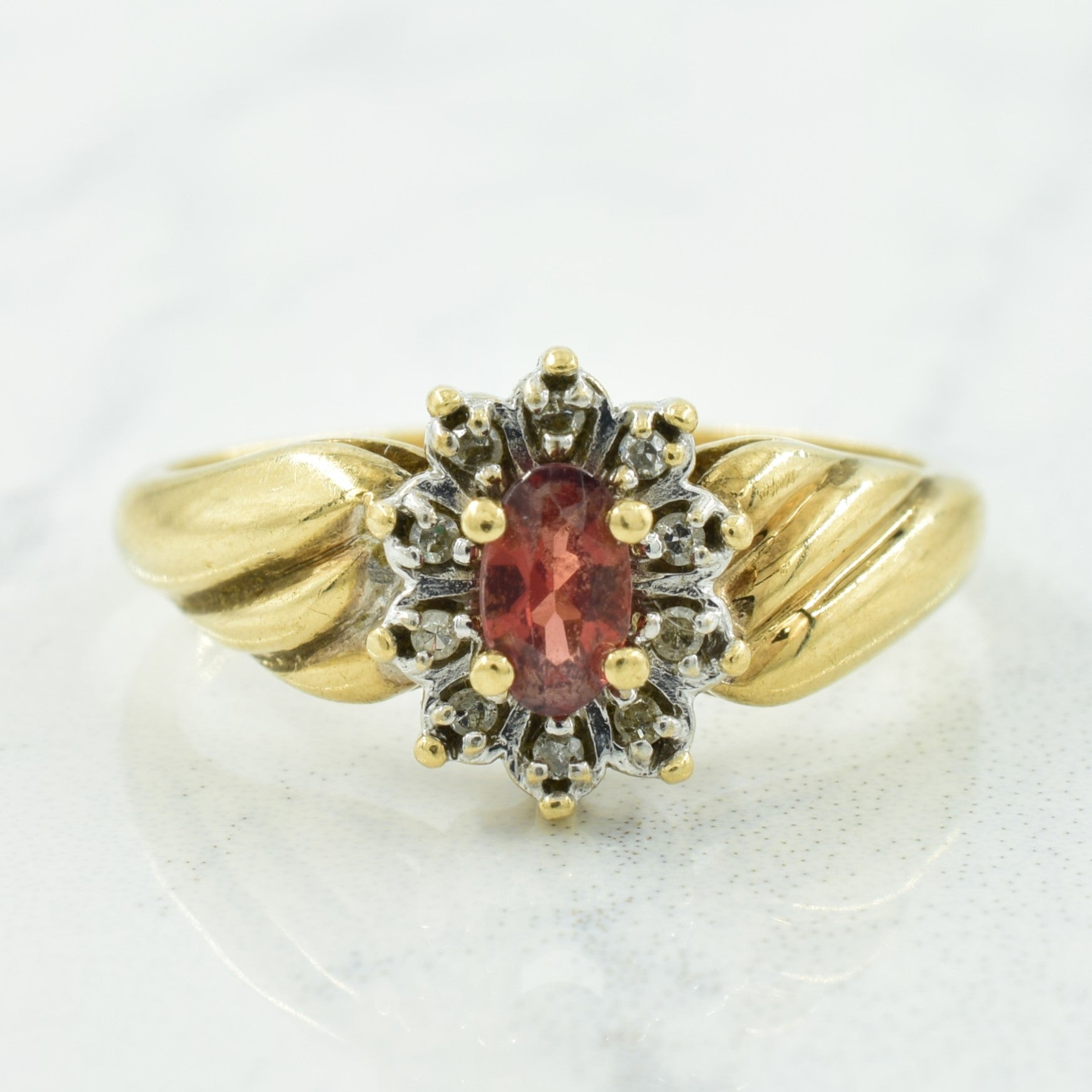 Garnet & Diamond Halo Ring | 0.35ct, 0.05ctw | SZ 6 |