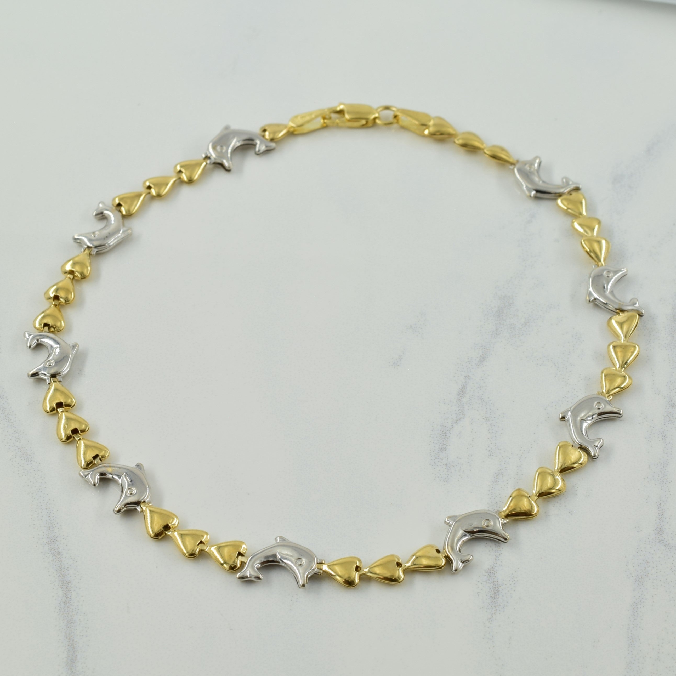 14k Two Tone Gold Dolphin & Heart Bracelet | 10" |