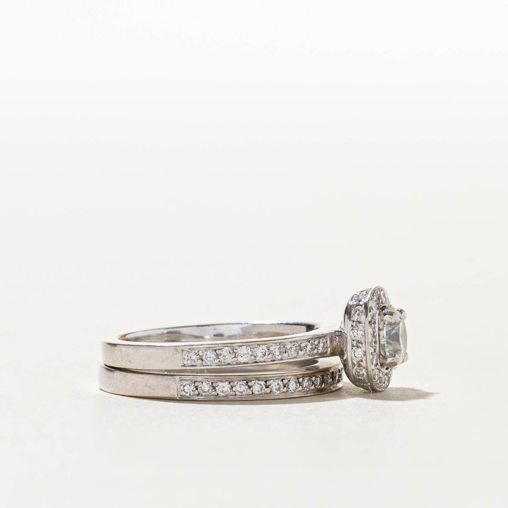 18k Diamond Halo Milgrained Soft-Square Wedding Ring Set | 1.04ctw | SZ 5.25