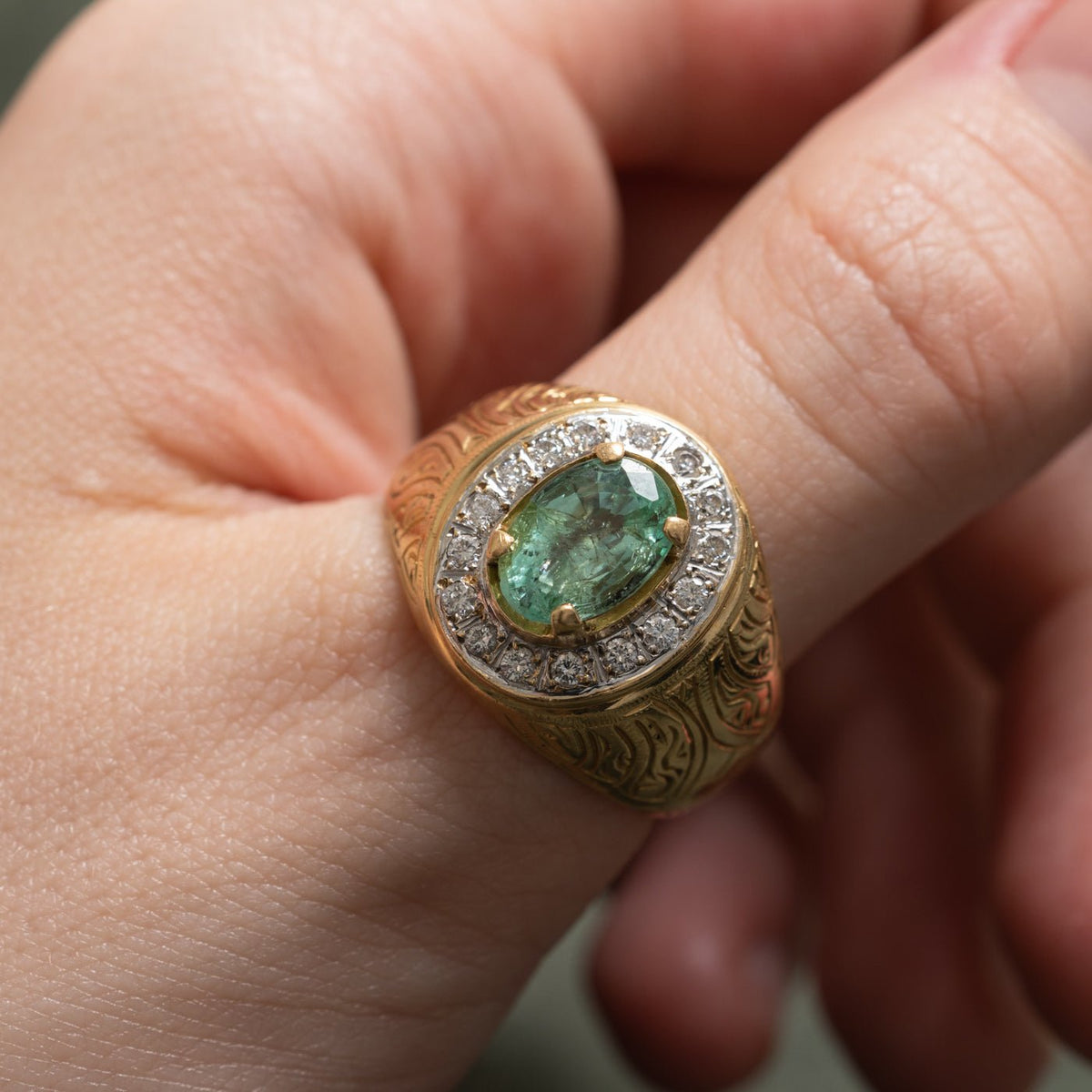 18k Emerald & Diamond Halo Engraved Signet Ring | 2.22ct, 0.32ctw | SZ 11.25