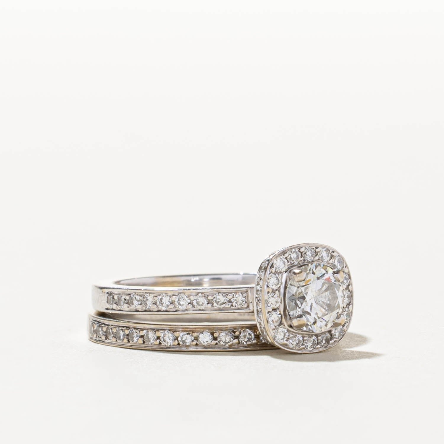 18k Diamond Halo Milgrained Soft-Square Wedding Ring Set | 1.04ctw | SZ 5.25