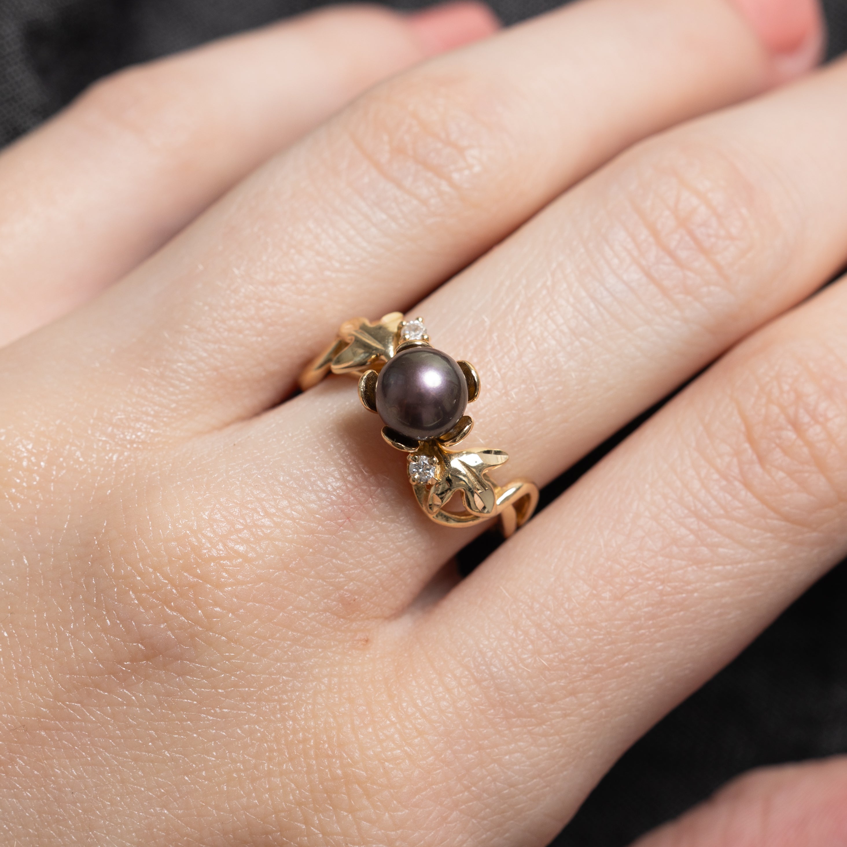 Black Pearl & Diamond Floral Ring | 0.06ctw | SZ 7