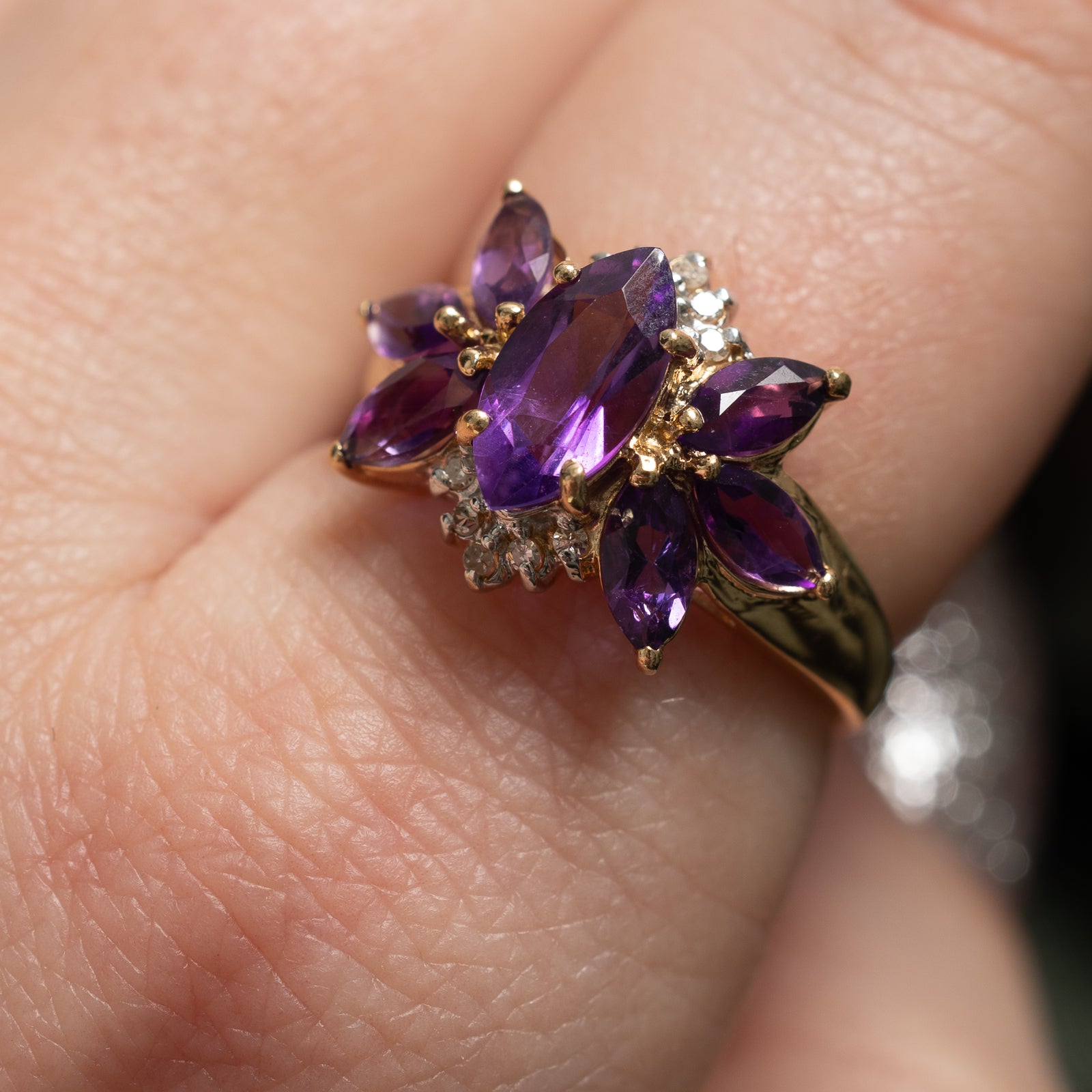 Amethyst & Diamond Cluster Cocktail Ring | 1.40ctw, 0.05ctw | SZ 7 |