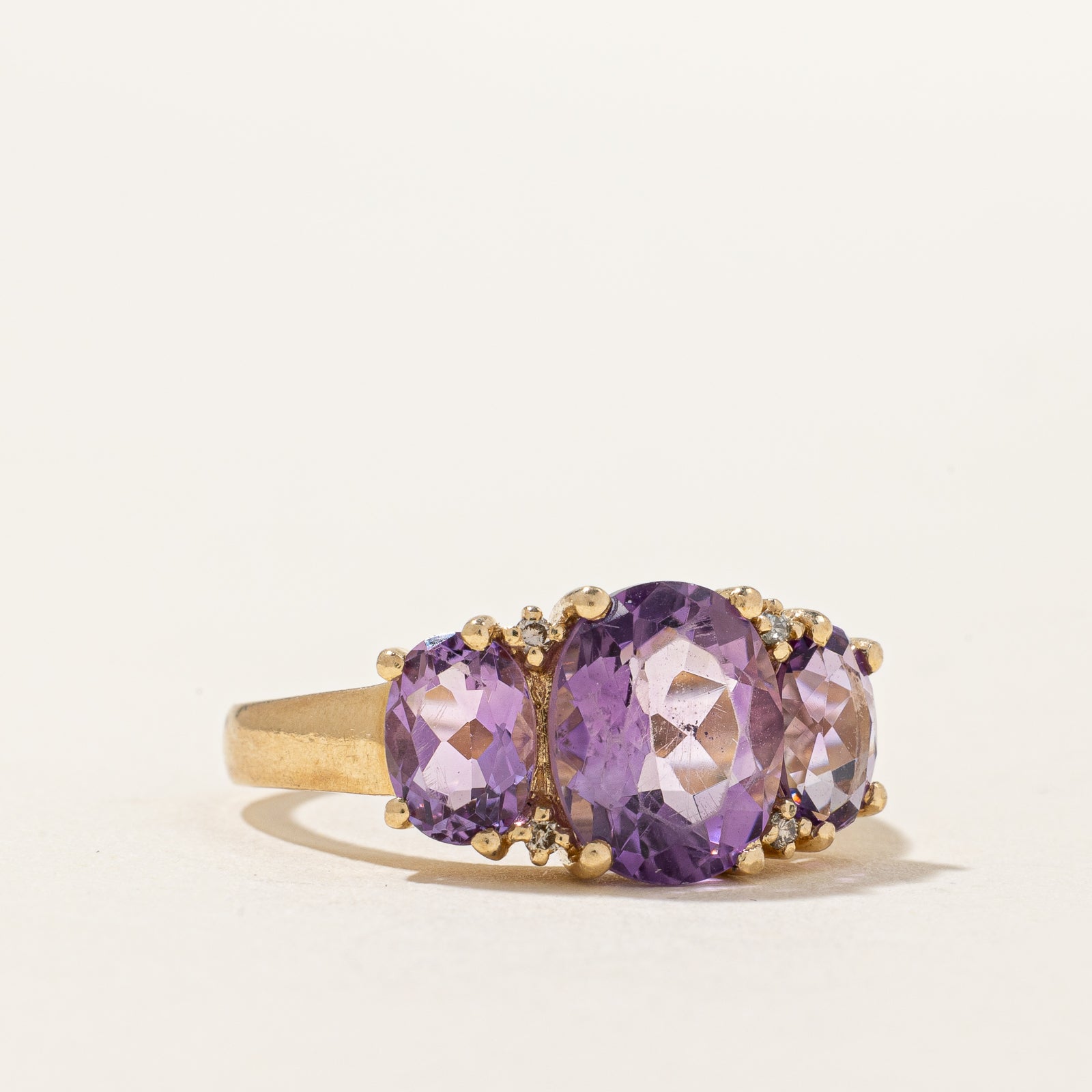 Three Stone Amethyst & Diamond Cocktail Ring | 3.50ctw, 0.02ctw | SZ 9 |