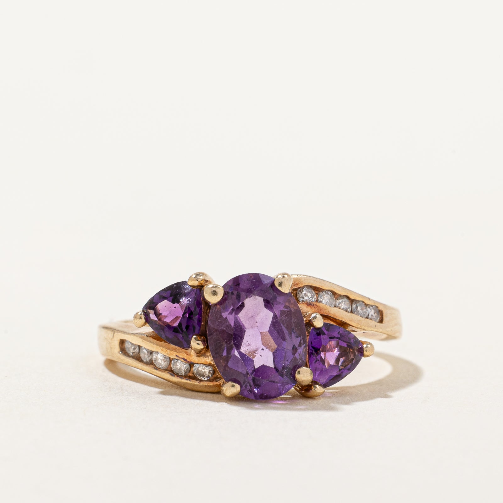 Three Stone Amethyst & Diamond Bypass Ring | 1.40ctw, 0.1ctw | SZ 6.25 |