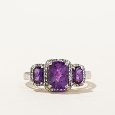 Three Stone Amethyst & Diamond Halo Ring | 1.70ctw, 0.08ctw | SZ 7 |