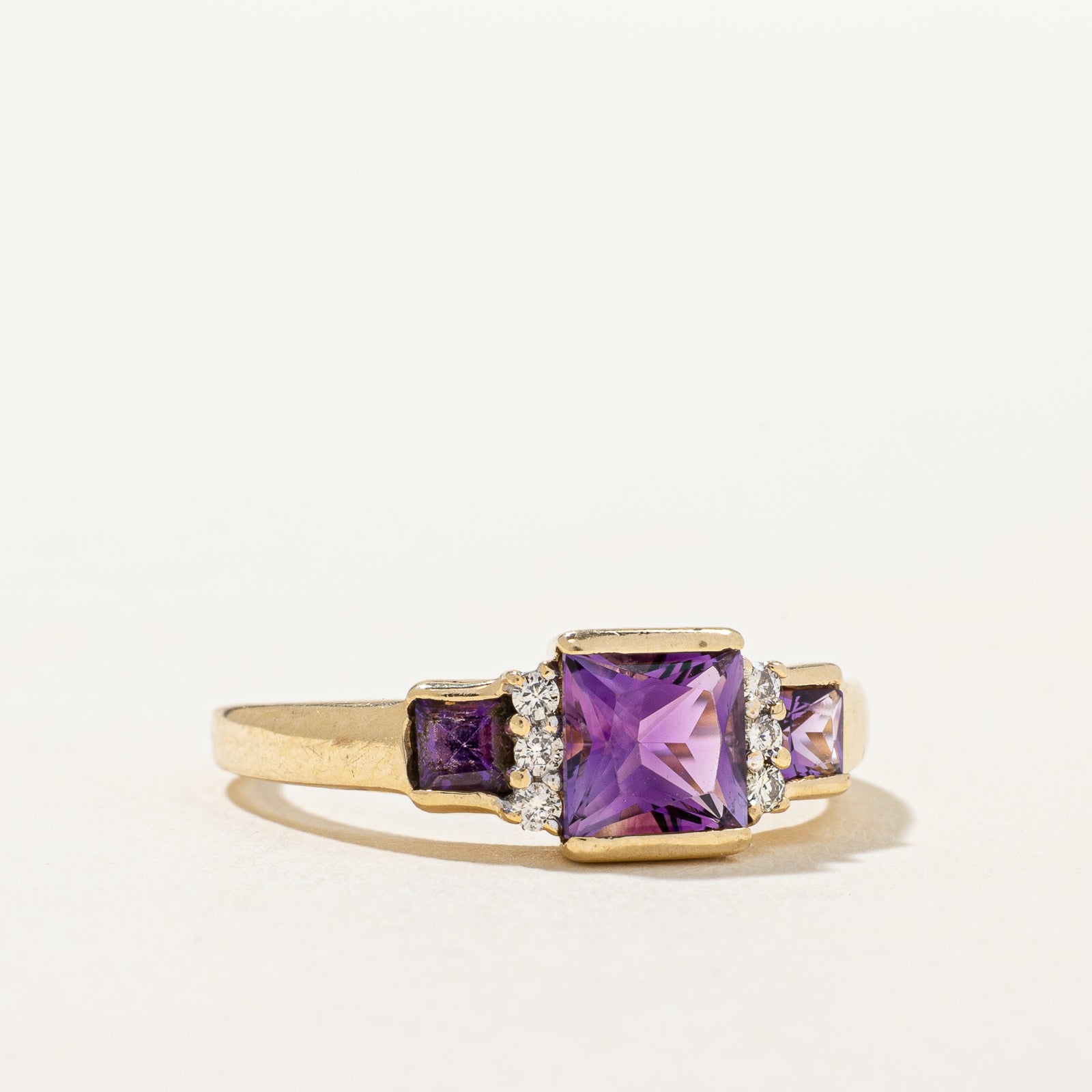 Three Stone Amethyst & Diamond Ring | 1.12ctw, 0.09ctw | SZ 8.75 |