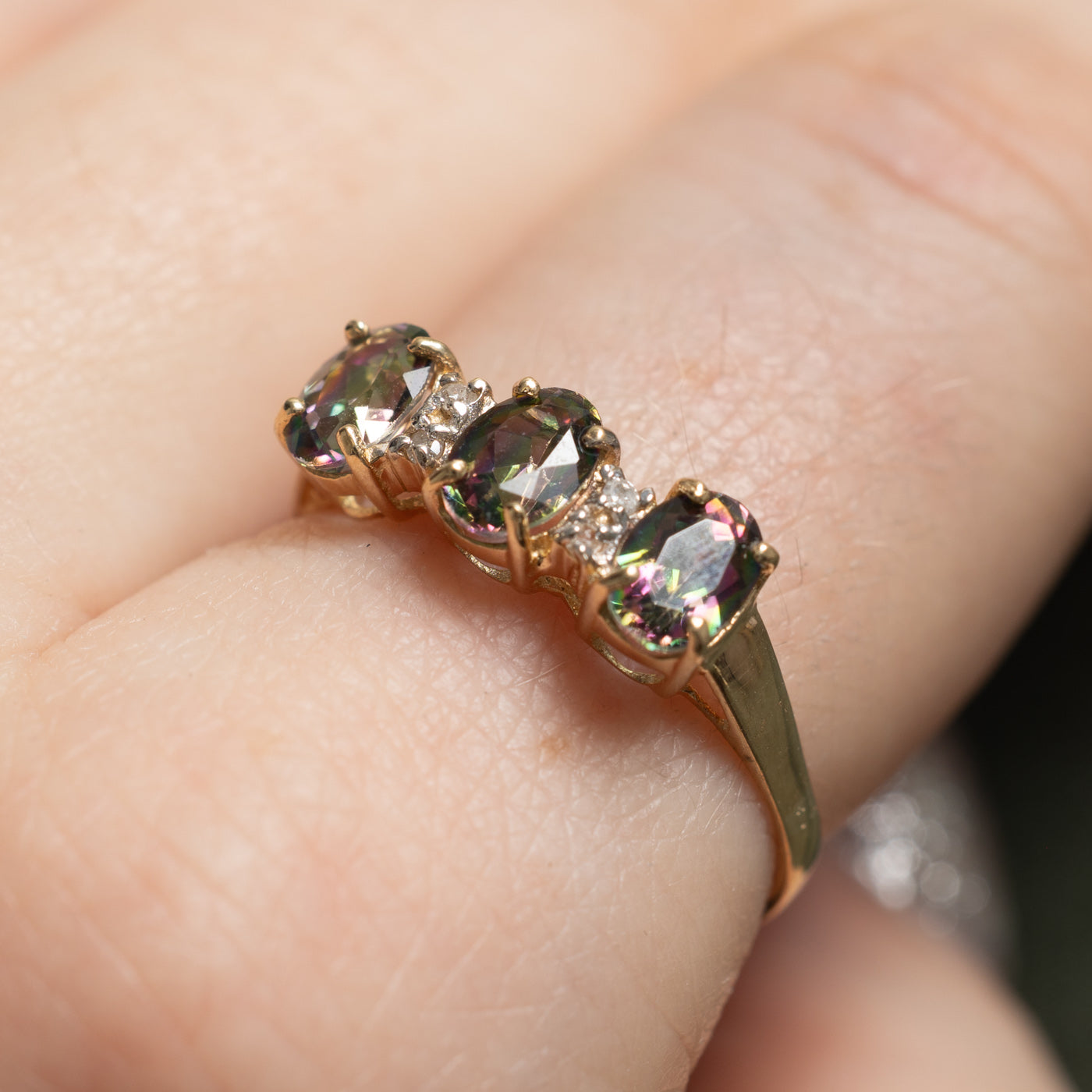 Three Stone Oval Cut Mystic Topaz & Diamond Ring | 1.40ctw, 0.02ctw | SZ 8.25 |