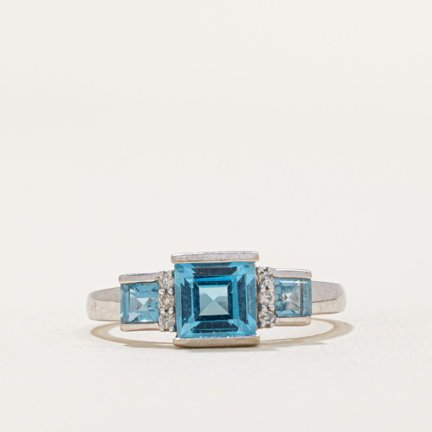 Three Stone Princess Cut Topaz & Diamond Ring | 1.50ctw, 0.05ctw | SZ 7.25 |