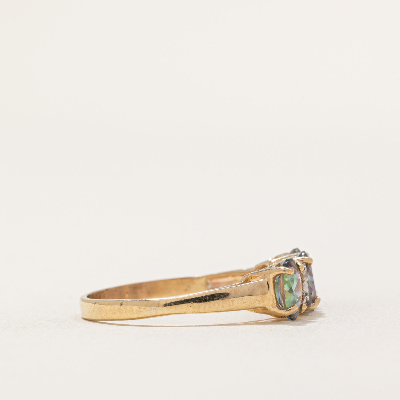 Three Stone Oval Cut Mystic Topaz & Diamond Ring | 1.40ctw, 0.02ctw | SZ 8.25 |