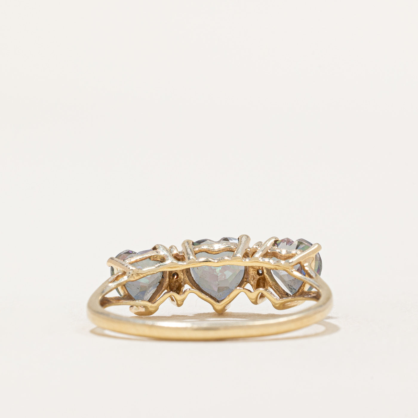 Three Stone Heart Cut Mystic Topaz & Diamond Ring | 1.50ctw, 0.005ctw | SZ 7 |