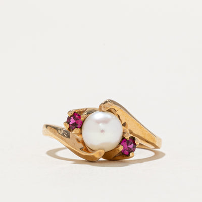 Pearl & Synthetic Ruby Bypass Ring | 0.14ctw | SZ 5.25