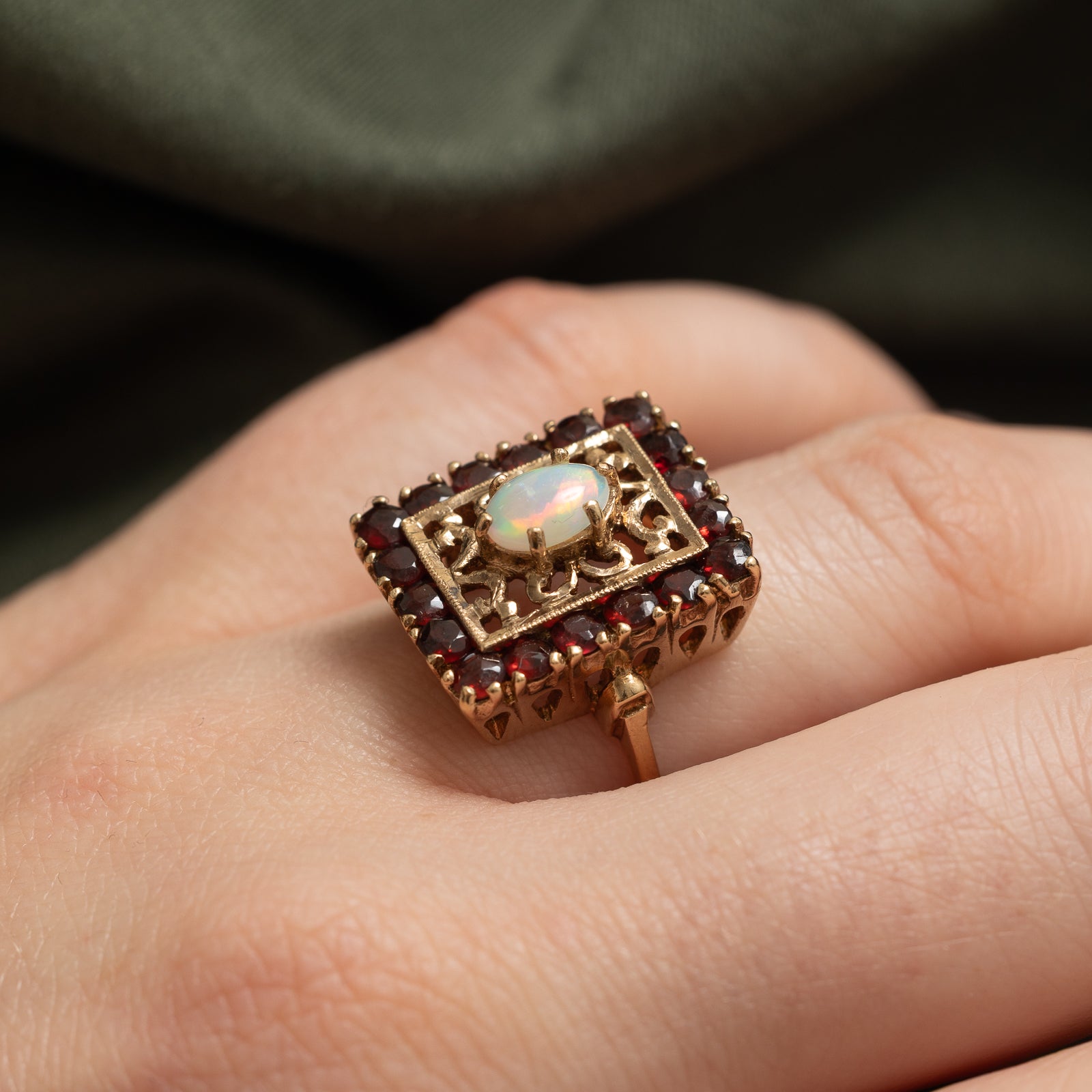 Opal & Garnet Ornate Cocktail Ring 1.66ctw | SZ 6.75