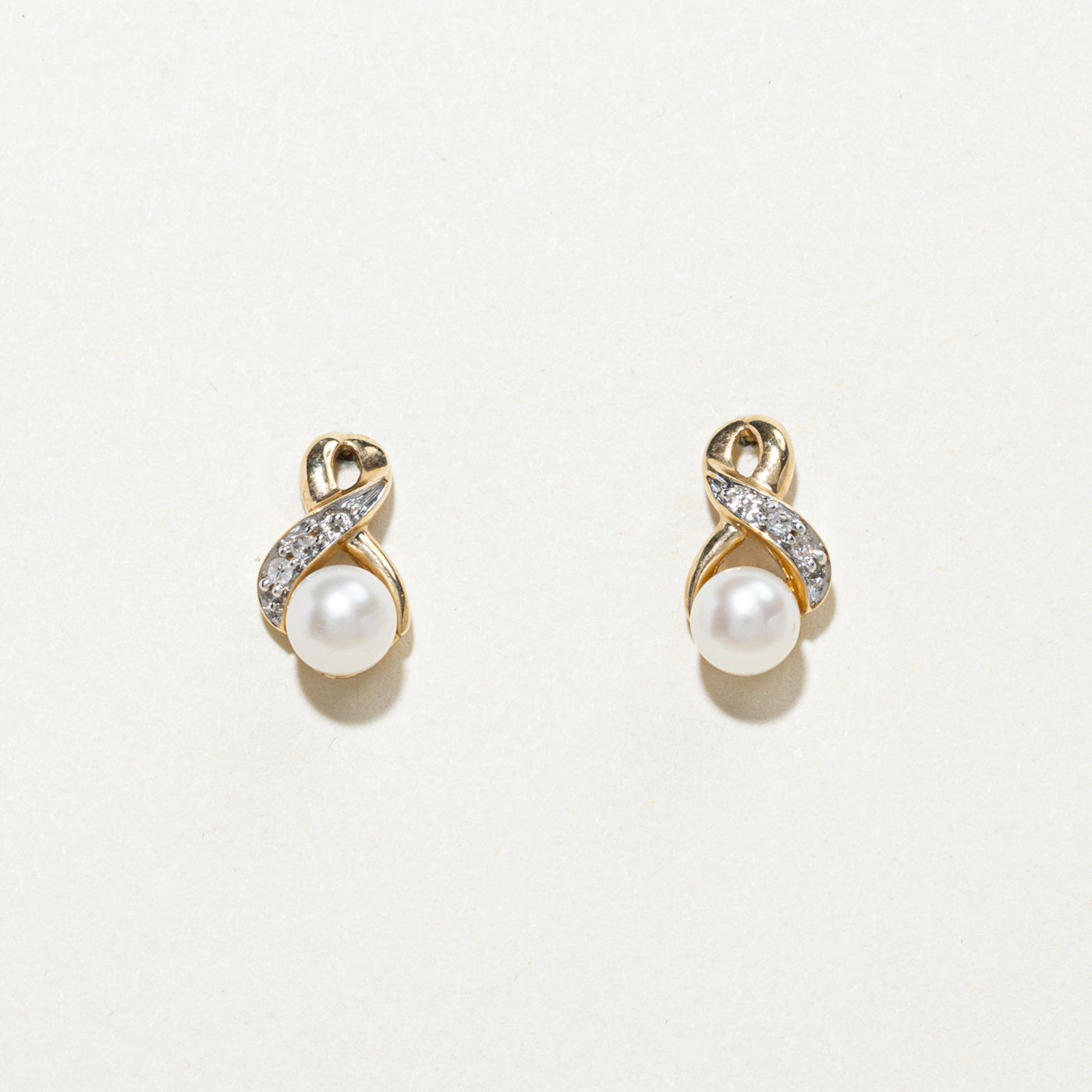 10K Pearl & Diamond Crossover Stud Earrings | 0.02ct
