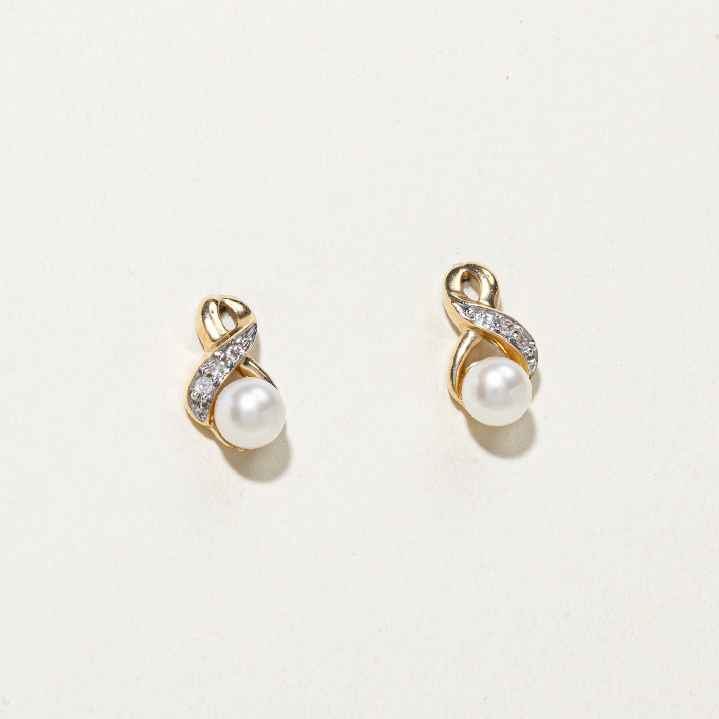 10K Pearl & Diamond Crossover Stud Earrings | 0.02ct